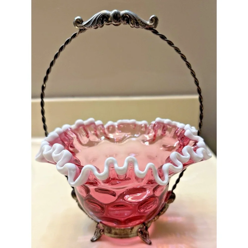 Vintage FENTON Cranberry Ruffled White-Crested Edge Brides Basket Silver Plated